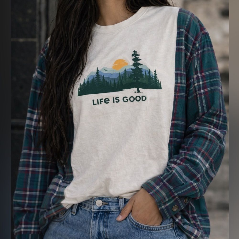 Upcycled Life Is Good White Tee with Green Long Sleeve Plaid Graphic Shirt